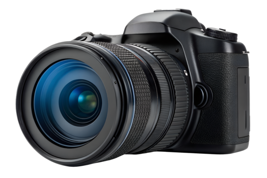 Professional digital SLR camera isolated with classic black lens for photography