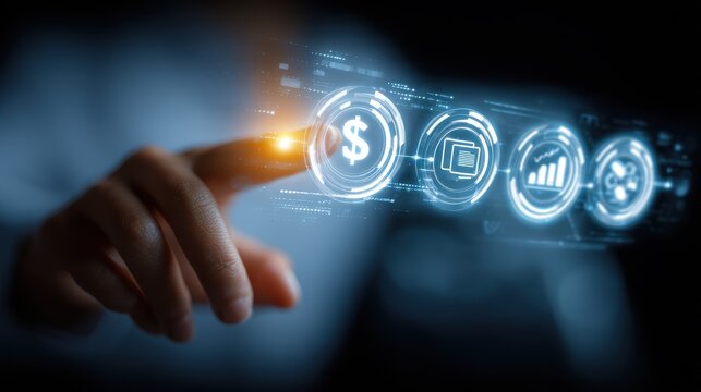 Hand Interacting with Glowing Financial Data Interface