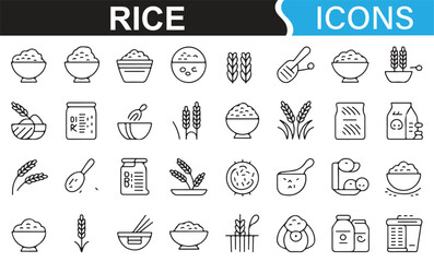  A collection of rice-related icons, including symbols for rice bowls, grains, cooking tools, and rice preparation.