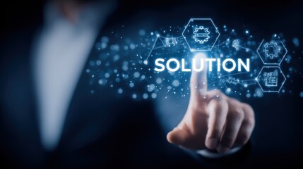 Person in Dark Suit Interacting with Digital Solution Interface