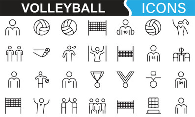 Collection of volleyball sport icons, including medals, nets, and action plays.