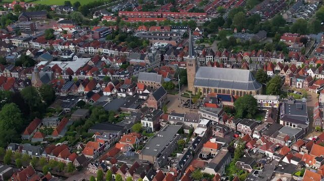 An panoramic Aerial view of the old town of the city Franeker in the Netherlands on a sunny day in summer