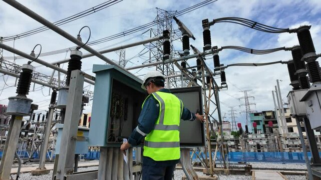 Electrical engineer inspects control cabinet and electrical equipment at outdoor substation with power lines ensuring safety and maintenance of power infrastructure under clear sky conditions