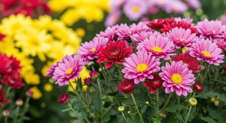 Vibrant Garden Blooms with Pink Red and Yellow Flowers