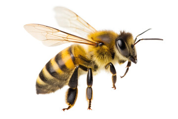 Closeup of a yellow and black striped honey bee in flight, isolated on a white background, perfect for macro insect or nature studies