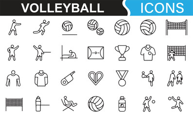 Set of volleyball icons illustrating various game actions, including serves, spikes, and teamwork.