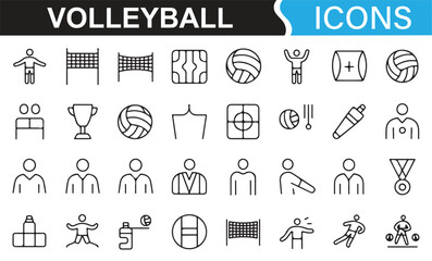 Line art symbols for volleyball, including players, nets, and medals for sports design.