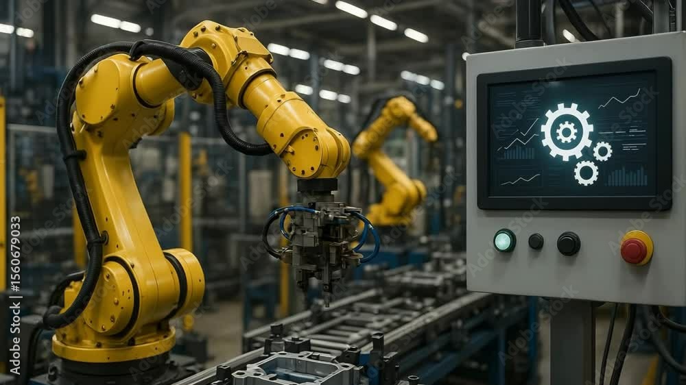 Poster automation industrial robots in factory for manufacturing process and digital control panel system