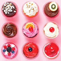 Assorted Cupcakes Grid – Vector Illustration of 9 Unique Cupcakes with Fruit Toppings, Swirled Frosting, and Decorative Sprinkles on Pink Background