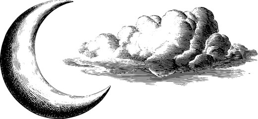 Vintage nighttime moon crescent and cloud sketch for design and decoration