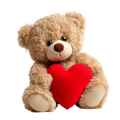 Obraz premium Cute adorable teddy bear holding a red valentine heart on a transparent white background PNG 