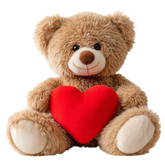 Obraz premium Cute adorable teddy bear holding a red valentine heart on a transparent white background PNG 