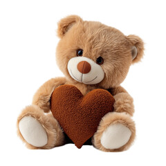 Obraz premium Cute adorable teddy bear holding a brown valentine heart on a transparent white background PNG 