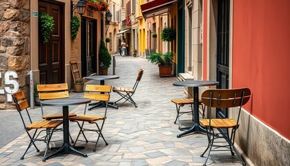 Naklejka premium Rustic wooden chairs and metal tables on a cobblestone European sidewalk, tables, street