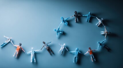 Blue Background Miniature Figurines Forming a Chain and Circle