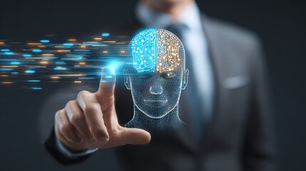 Businessperson Interacting with Glowing Digital Human Head Circuit Board Design