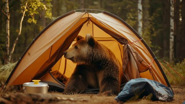 Curious bear explores campsite tent amidst serene forest backdrop