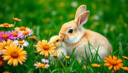 Fototapeta premium Fluffy bunny nibbles chick's head playfully amidst blooming wildflowers on vibrant green grass, bunny, pet