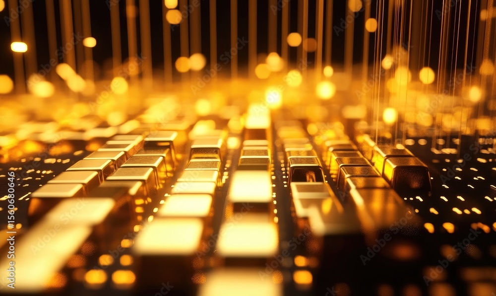 Poster golden, glowing cubes arranged in rows, with strings of light above. abstract, technological