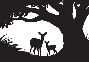 Deer Family Silhouette in Grass, Black and White Wildlife Illustration with Antlered Buck and Fawns