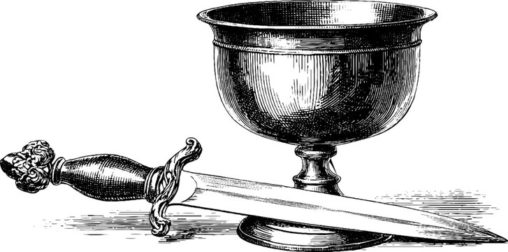 Vintage set of silver chalice and ceremonial dagger: hand drawn sketch for retro designs