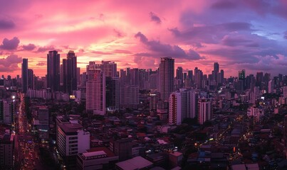 Fototapeta premium Panoramic cityscape at sunset, vibrant hues of pink and purple. Skyscrapers and buildings of varying heights, densely packed together. 