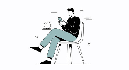 Vector Illustration of Man Sitting and Using Smartphone, Minimalist Style
