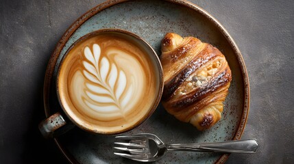 Handcrafted Latte and Pastry Set on rustic plate, latte and pastry set top view in realistic style, creamy latte and pastry set photography.