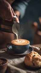 Handcrafted Latte and Pastry Set in cinematic backlight, latte and pastry set with barista hands and scone, cozy handcrafted latte and pastry set