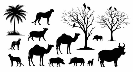 Black Silhouettes of African Wildlife and Flora on White Background