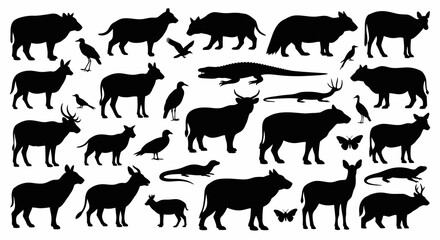 Collection of Diverse Animal Silhouettes: Black and White Wildlife Illustrations