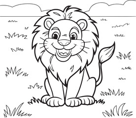 Cartoon illustration of a lion and cub playing near a tree in a wildlife scene