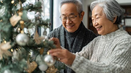 Happy Asian senior couple decorating Christmas tree together at home. Senior couple spending time together on Christmas day while prepare gift or decorate Christmas tree in living room at home, no lo