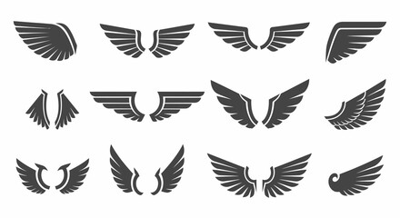 Collection of Various Stylized Black Wing Silhouettes on White Background