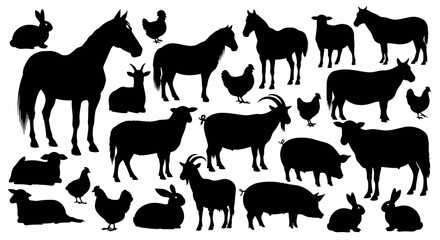 Black Silhouettes of Farm Animals on White Background, Isolated.