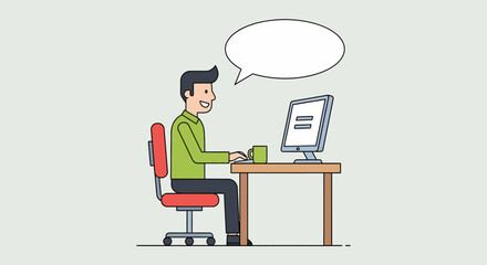 Happy Man Working at Computer with Speech Bubble, Line Art Illustration