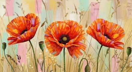 Vibrant Orange Poppies in a Field of Wild Grasses and Soft Colors