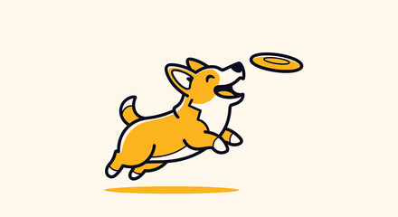 Joyful Yellow Corgi Dog Leaping for Flying Disc