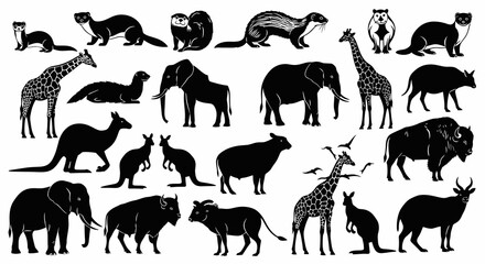Collection of Black Silhouettes of Various Animals: Giraffes, Kangaroos, Elephants, and More