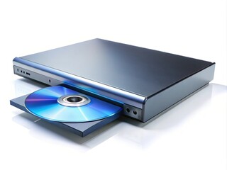 DVD player with shiny blue disc ejected on a clean white background