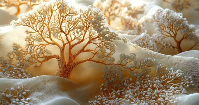 Close-up of an intricately embroidered fabric depicting a miniature tree landscape in beige and white.