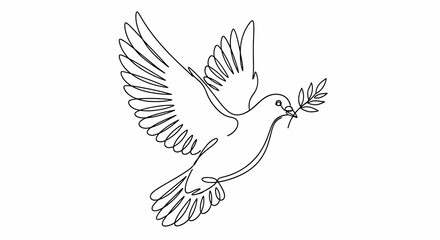 Obraz premium Elegant Black Line Art Dove with Olive Branch, Flying