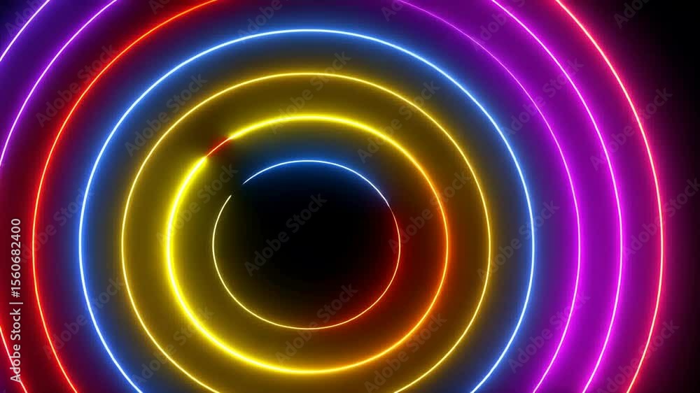 Poster multicolored neon circles rotating visual effect