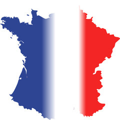 This image shows the map silhouette of France filled with the French flag’s vertical blue, white, and red tricolor.