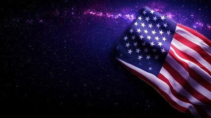 Dramatic American Flag with Cosmic Background. A vibrant star spangled banner against a deep space nebula backdrop showcasing celestial wonders and patriotic imagery in a breathtaking