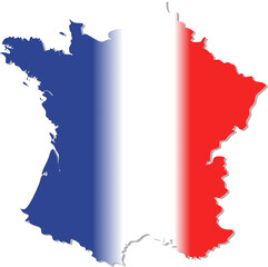 This image shows the map silhouette of France filled with the French flag&rsquo;s vertical blue, white, and red tricolor.