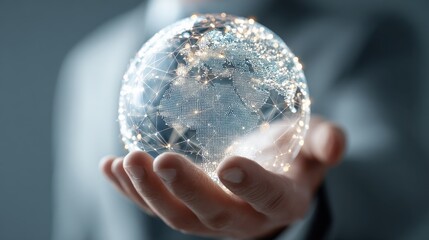 Close up of businessman holding digital globe in palm, no logos, no brands
