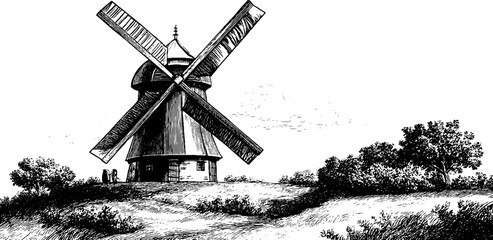 Vintage windmill with torn sail and creaky base sketch for retro design