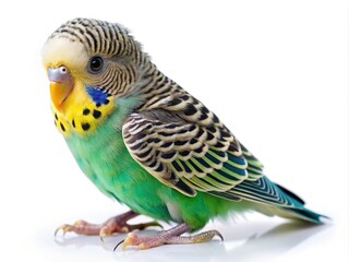 Fototapeta premium A colorful Budgerigar stands gracefully against a stark white background, showcasing vibrant plumage