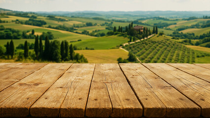 Wooden table with blurred Tuscan countryside in background